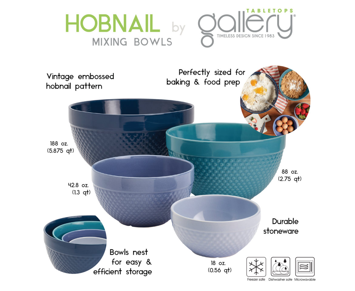 4-Piece Blue Stoneware Hobnail Mixing Bowls Set