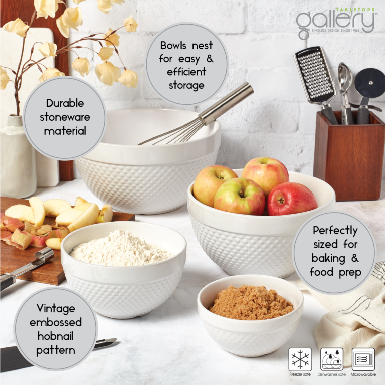 4Piece White Stoneware Hobnail Mixing Bowls Set